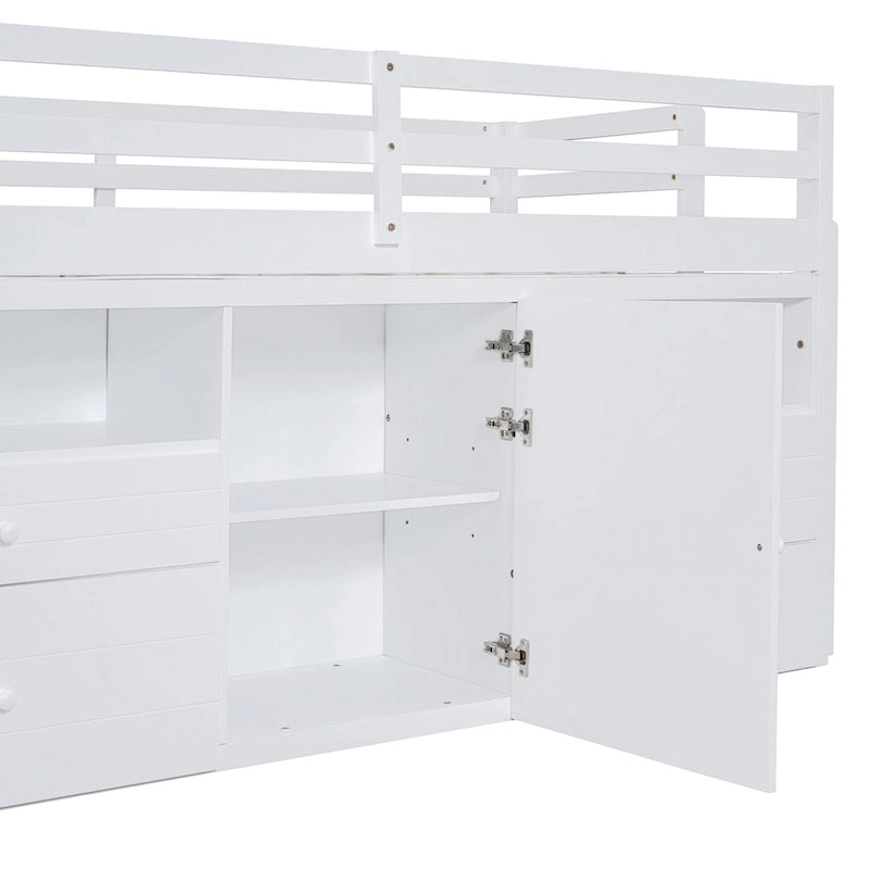 Cama alta de madera maciza tamaño individual con cajones y gabinetes