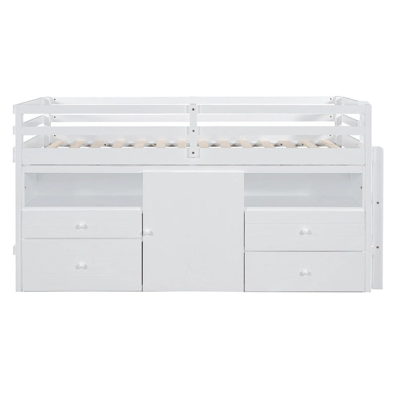 Cama alta de madera maciza tamaño individual con cajones y gabinetes
