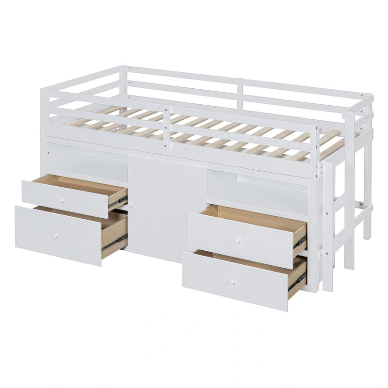 Cama alta de madera maciza tamaño individual con cajones y gabinetes