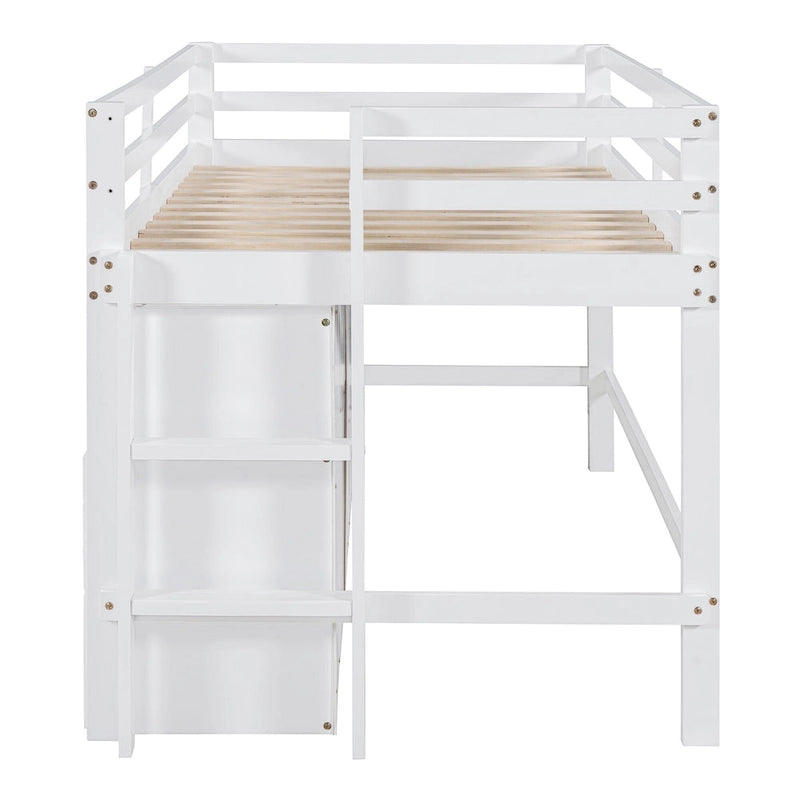 Cama alta de madera maciza tamaño individual con cajones y gabinetes