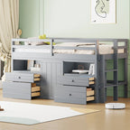 Cama alta de madera maciza tamaño individual con cajones y gabinetes