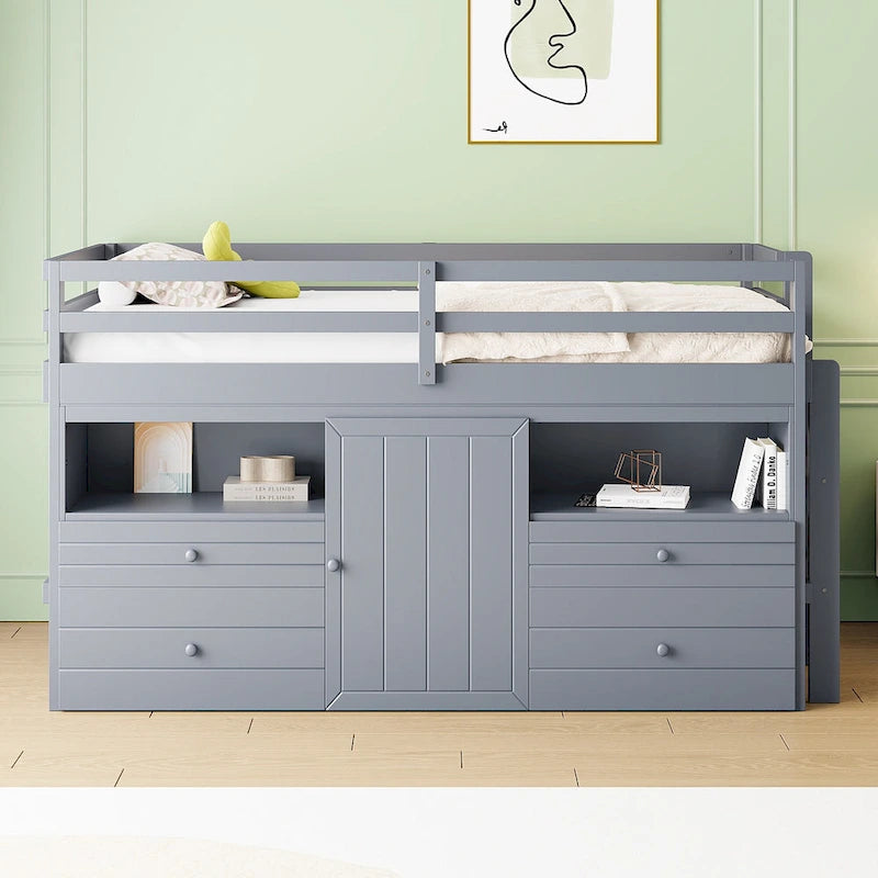 Cama alta de madera maciza tamaño individual con cajones y gabinetes