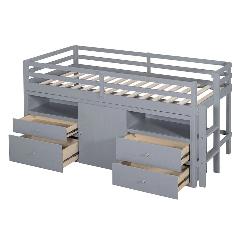 Cama alta de madera maciza tamaño individual con cajones y gabinetes