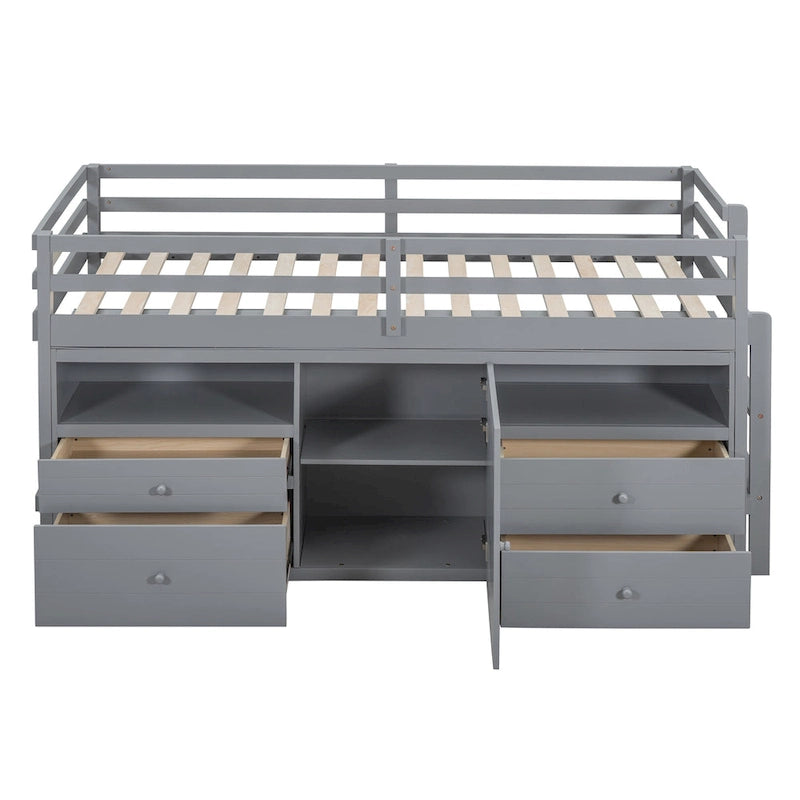 Cama alta de madera maciza tamaño individual con cajones y gabinetes