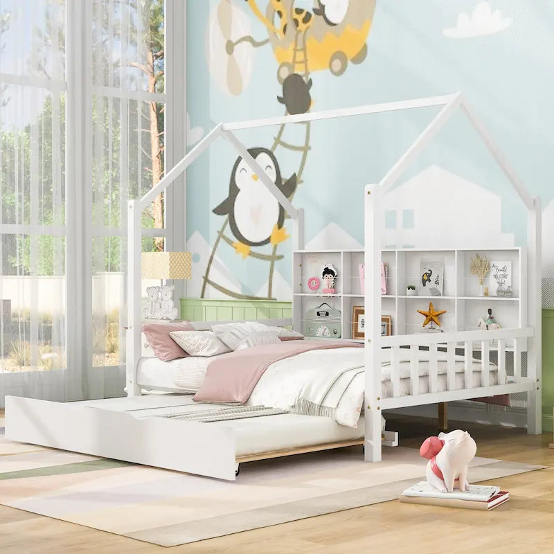 Cama casa de madera de tamaño completo con nido, cama para niños con estante