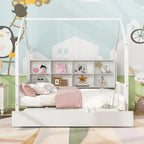 Cama casa de madera de tamaño completo con nido, cama para niños con estante