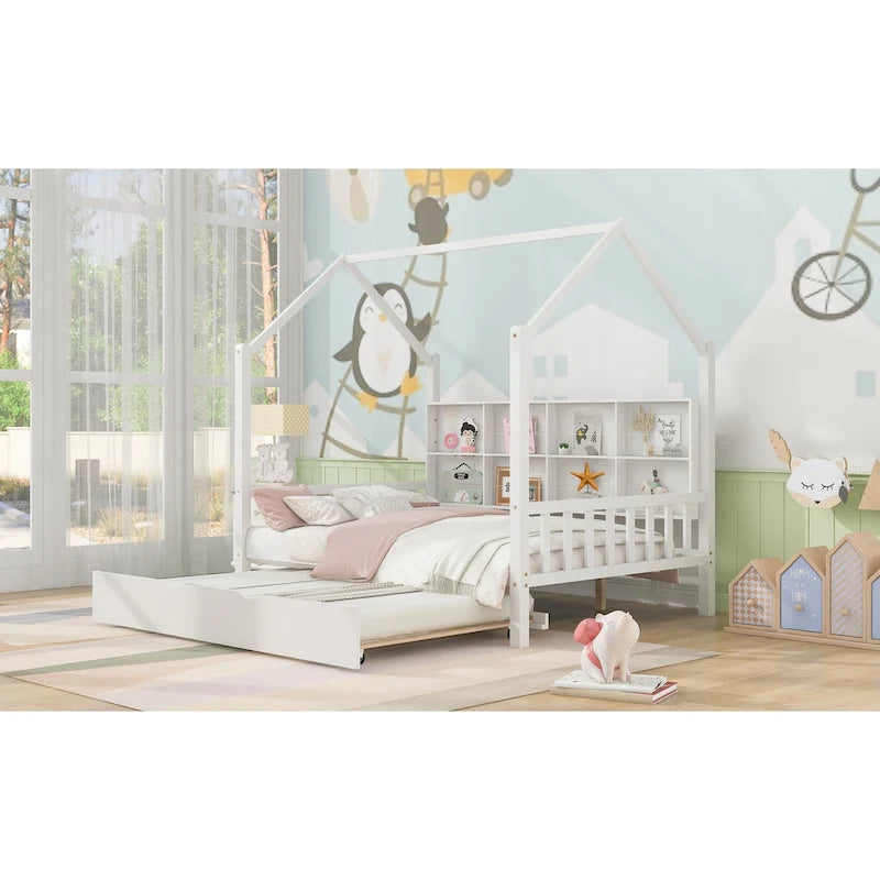 Cama casa de madera de tamaño completo con nido, cama para niños con estante