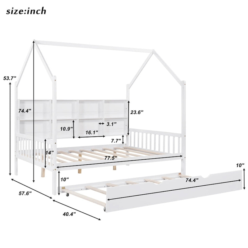 Cama casa de madera de tamaño completo con nido, cama para niños con estante