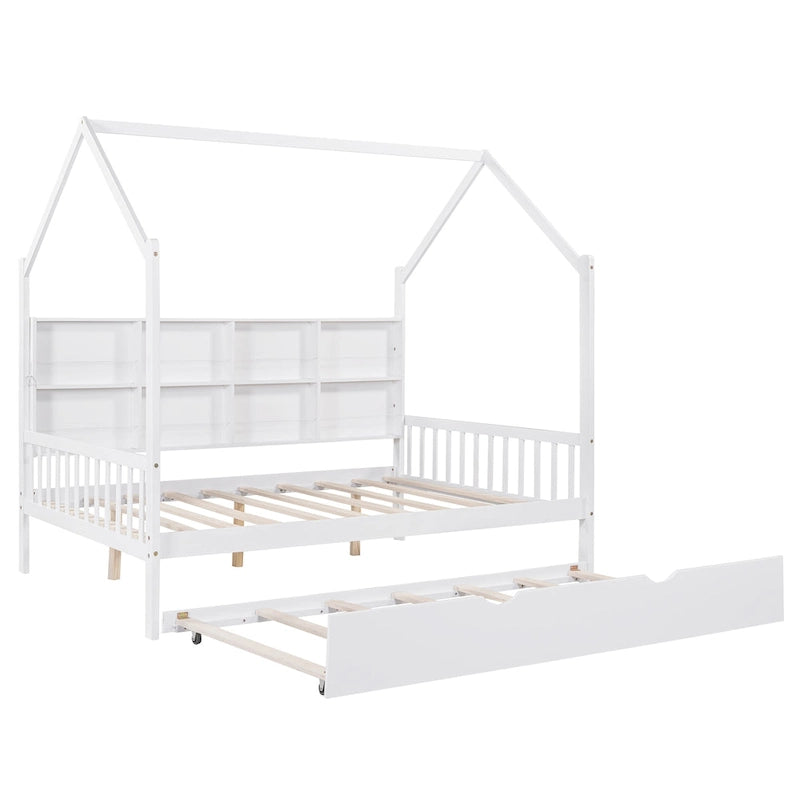 Cama casa de madera de tamaño completo con nido, cama para niños con estante
