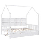 Cama casa de madera de tamaño completo con nido, cama para niños con estante