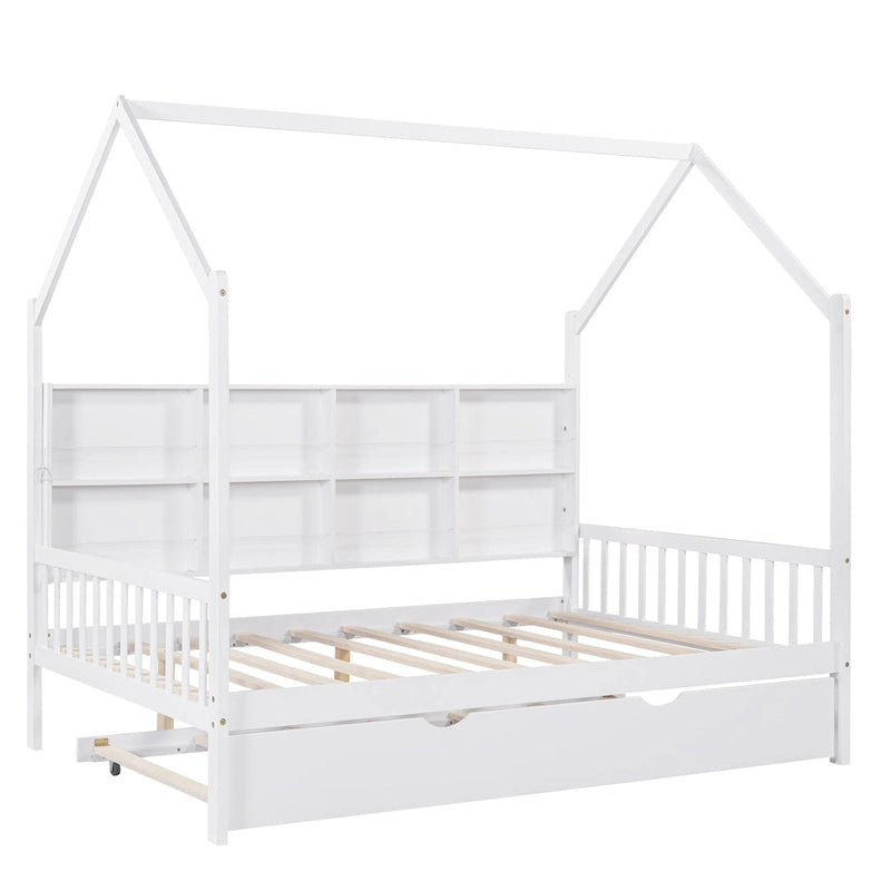 Cama casa de madera de tamaño completo con nido, cama para niños con estante