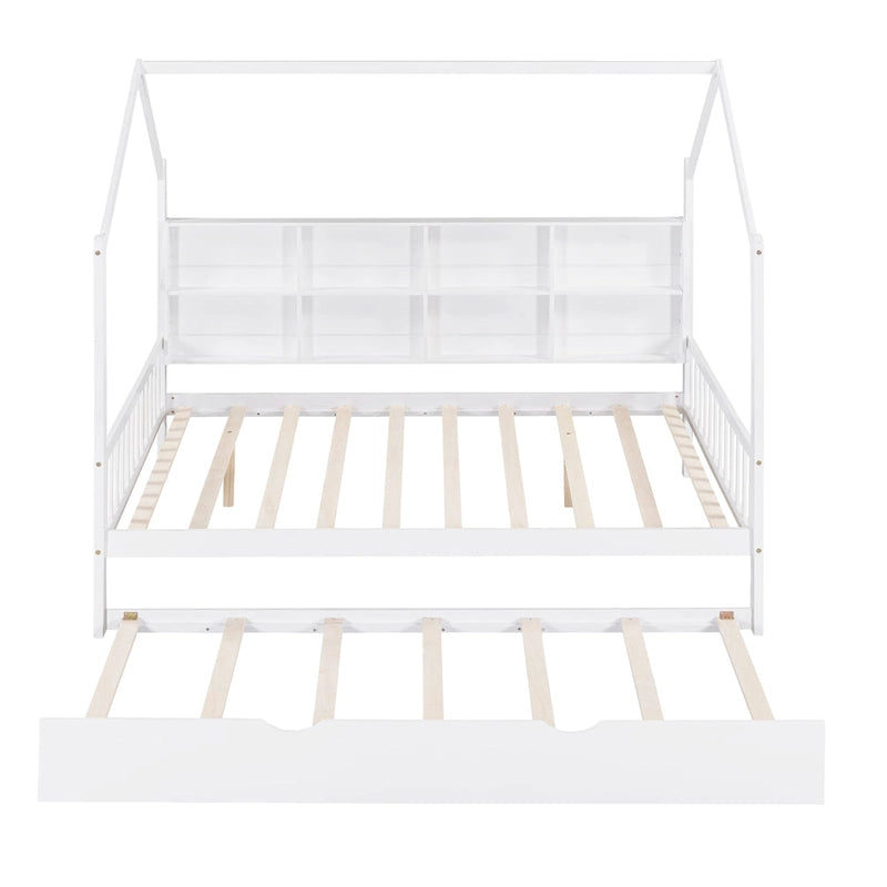 Cama casa de madera de tamaño completo con nido, cama para niños con estante