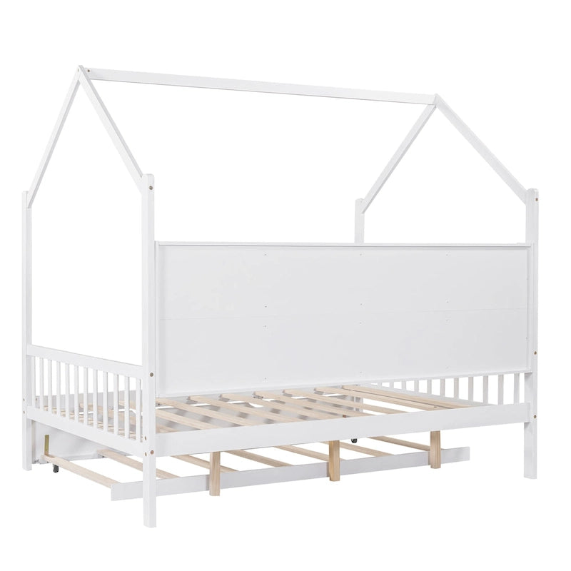 Cama casa de madera de tamaño completo con nido, cama para niños con estante