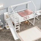 Cama alta Wood House con tobogán, estantes de almacenamiento, rampa para escalar y luz