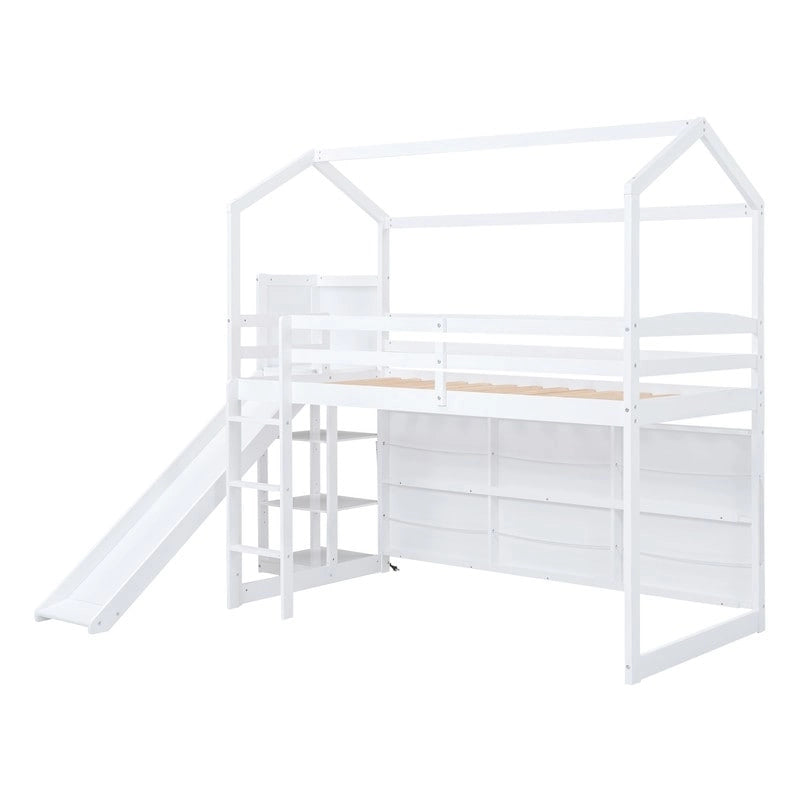 Cama alta Wood House con tobogán, estantes de almacenamiento, rampa para escalar y luz