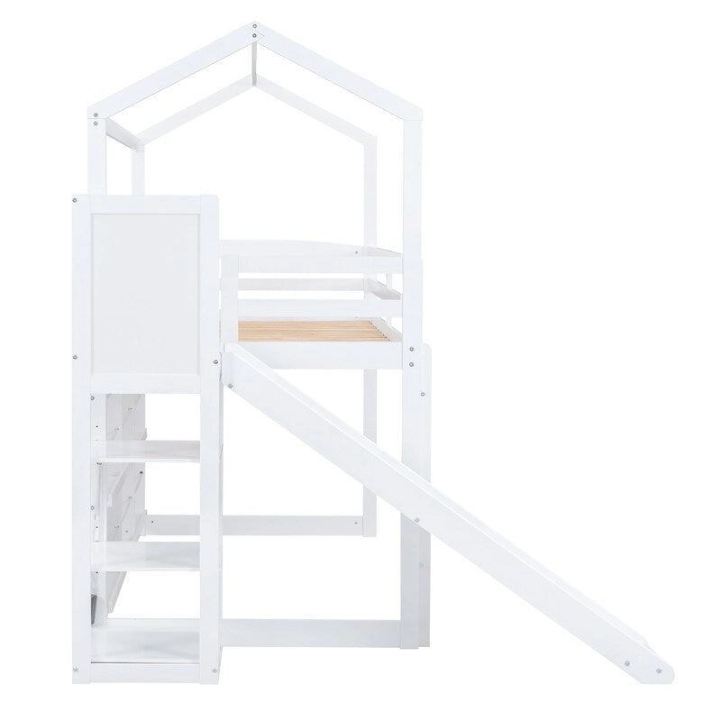 Cama alta Wood House con tobogán, estantes de almacenamiento, rampa para escalar y luz