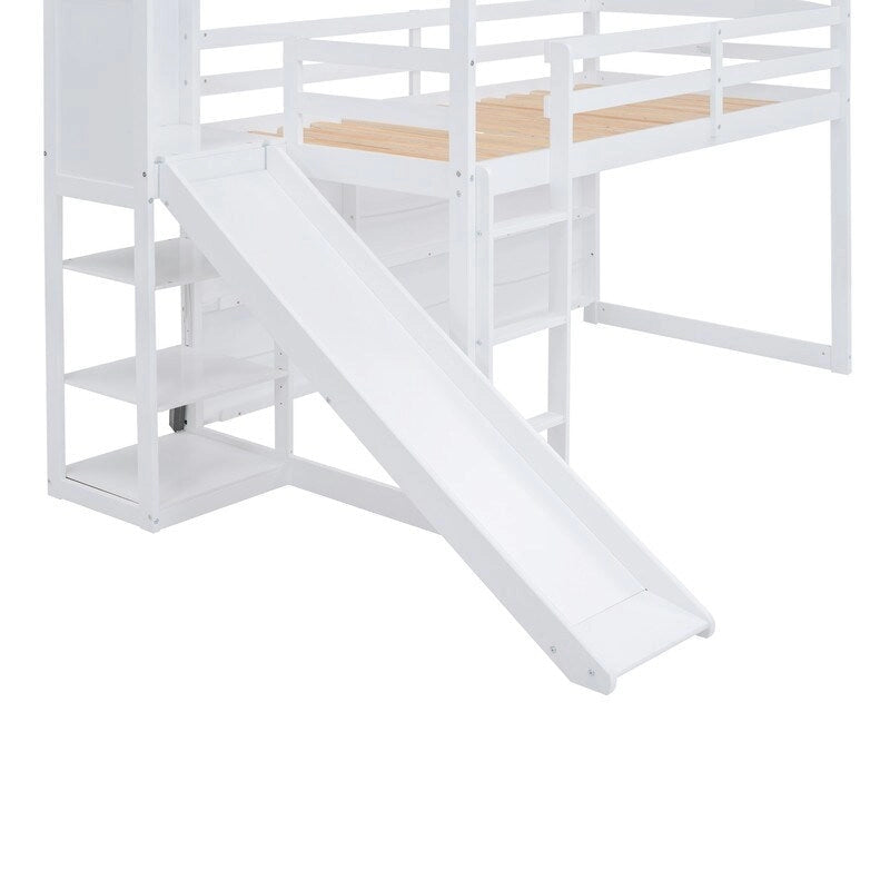 Cama alta Wood House con tobogán, estantes de almacenamiento, rampa para escalar y luz
