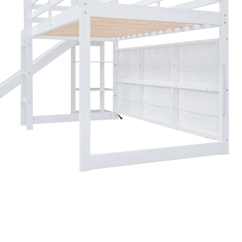 Cama alta Wood House con tobogán, estantes de almacenamiento, rampa para escalar y luz