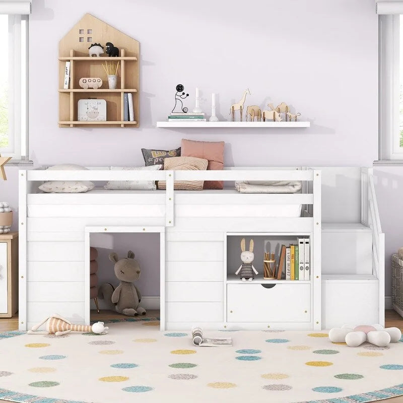 Cama baja tipo loft individual con estantería, cajón y escalera
