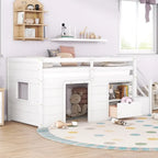 Cama baja tipo loft individual con estantería, cajón y escalera
