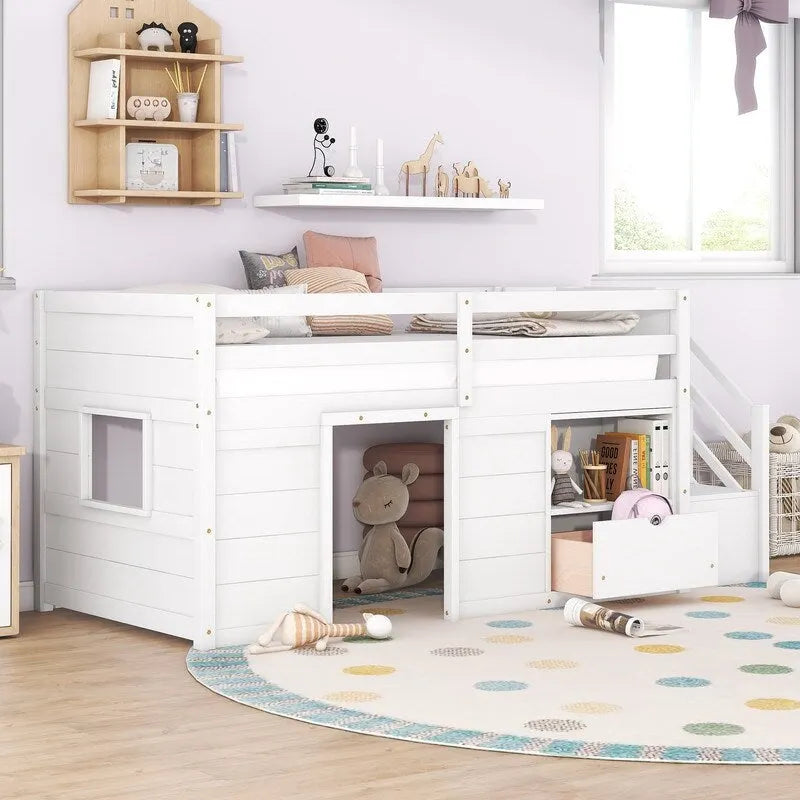Cama baja tipo loft individual con estantería, cajón y escalera
