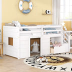 Cama baja tipo loft individual con estantería, cajón y escalera