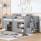 Cama baja tipo loft individual con estantería, cajón y escalera