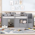 Cama baja tipo loft individual con estantería, cajón y escalera
