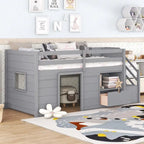 Cama baja tipo loft individual con estantería, cajón y escalera