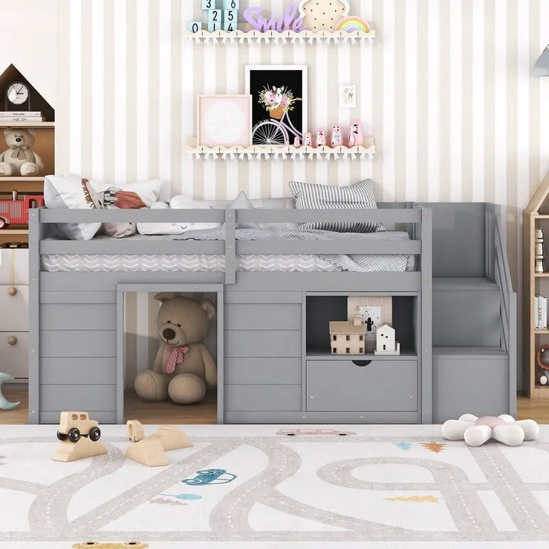 Cama baja tipo loft individual con estantería, cajón y escalera