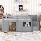 Cama baja tipo loft individual con estantería, cajón y escalera