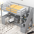Cama alta multifuncional de madera, tamaño individual, con escritorio en forma de L y escalera de almacenamiento, estructura de cama alta con armario y cajones