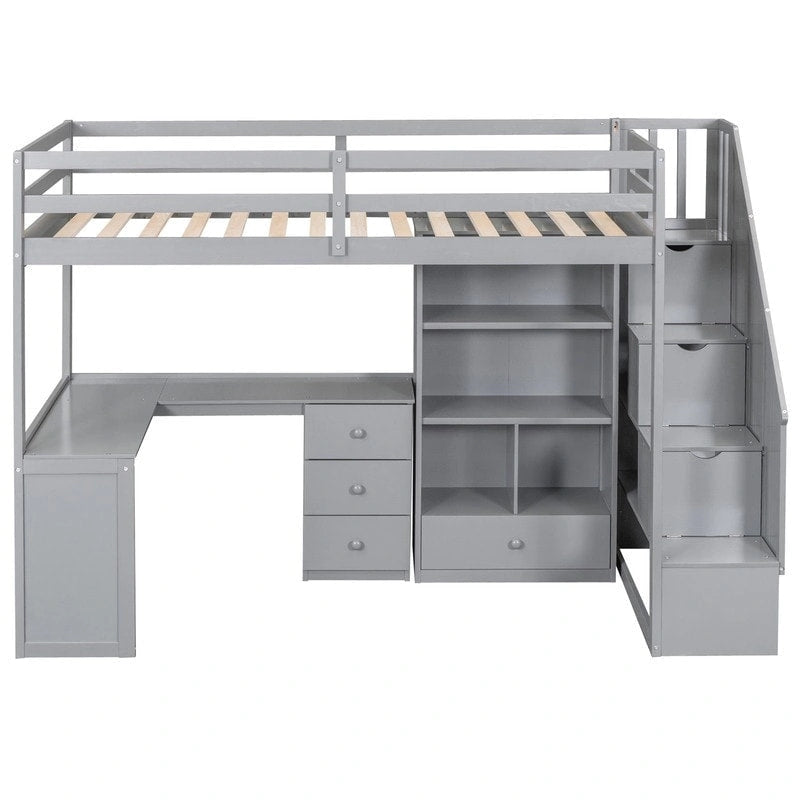 Cama alta multifuncional de madera, tamaño individual, con escritorio en forma de L y escalera de almacenamiento, estructura de cama alta con armario y cajones