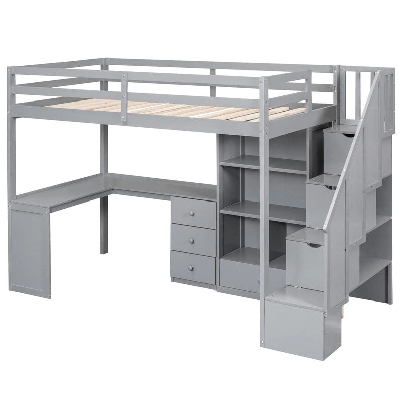 Cama alta multifuncional de madera, tamaño individual, con escritorio en forma de L y escalera de almacenamiento, estructura de cama alta con armario y cajones