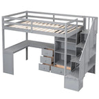 Cama alta multifuncional de madera, tamaño individual, con escritorio en forma de L y escalera de almacenamiento, estructura de cama alta con armario y cajones