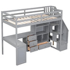 Cama alta multifuncional de madera, tamaño individual, con escritorio en forma de L y escalera de almacenamiento, estructura de cama alta con armario y cajones