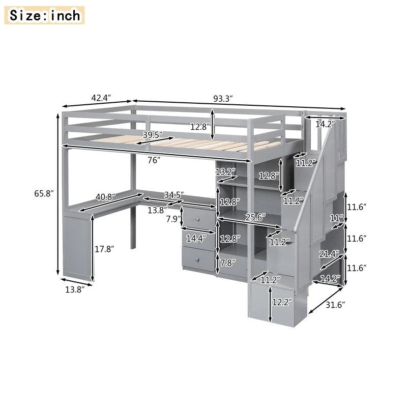 Cama alta multifuncional de madera, tamaño individual, con escritorio en forma de L y escalera de almacenamiento, estructura de cama alta con armario y cajones