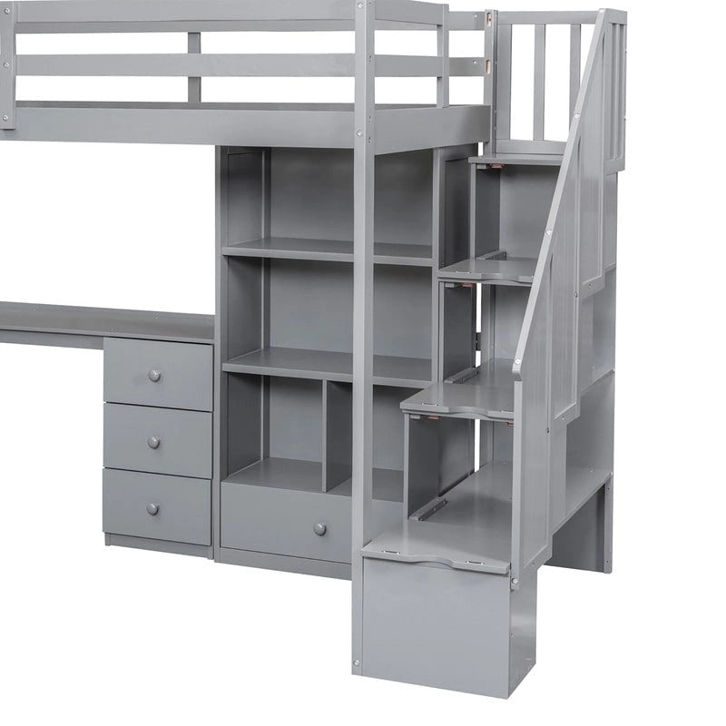 Cama alta multifuncional de madera, tamaño individual, con escritorio en forma de L y escalera de almacenamiento, estructura de cama alta con armario y cajones