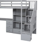Cama alta multifuncional de madera, tamaño individual, con escritorio en forma de L y escalera de almacenamiento, estructura de cama alta con armario y cajones
