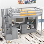 Cama alta multifuncional de madera, tamaño individual, con escritorio en forma de L y escalera de almacenamiento, estructura de cama alta con armario y cajones