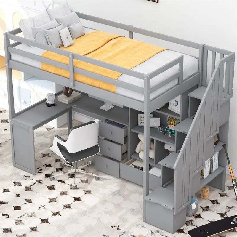Cama alta multifuncional de madera, tamaño individual, con escritorio en forma de L y escalera de almacenamiento, estructura de cama alta con armario y cajones