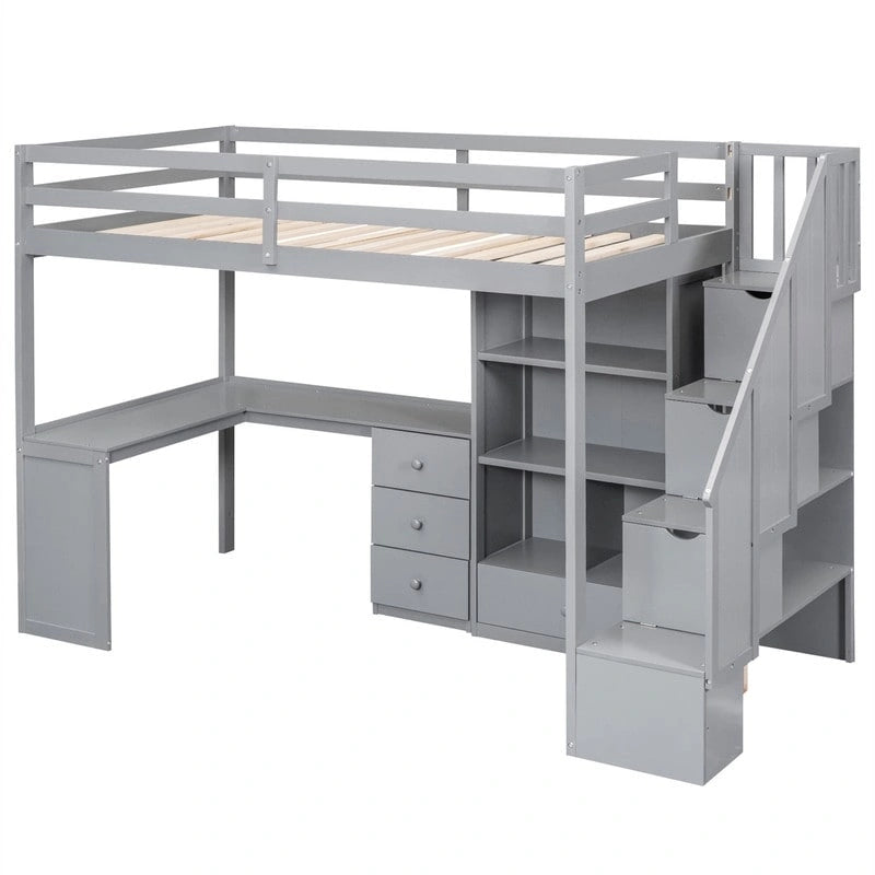 Cama alta multifuncional de madera, tamaño individual, con escritorio en forma de L y escalera de almacenamiento, estructura de cama alta con armario y cajones