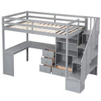 Cama alta multifuncional de madera, tamaño individual, con escritorio en forma de L y escalera de almacenamiento, estructura de cama alta con armario y cajones