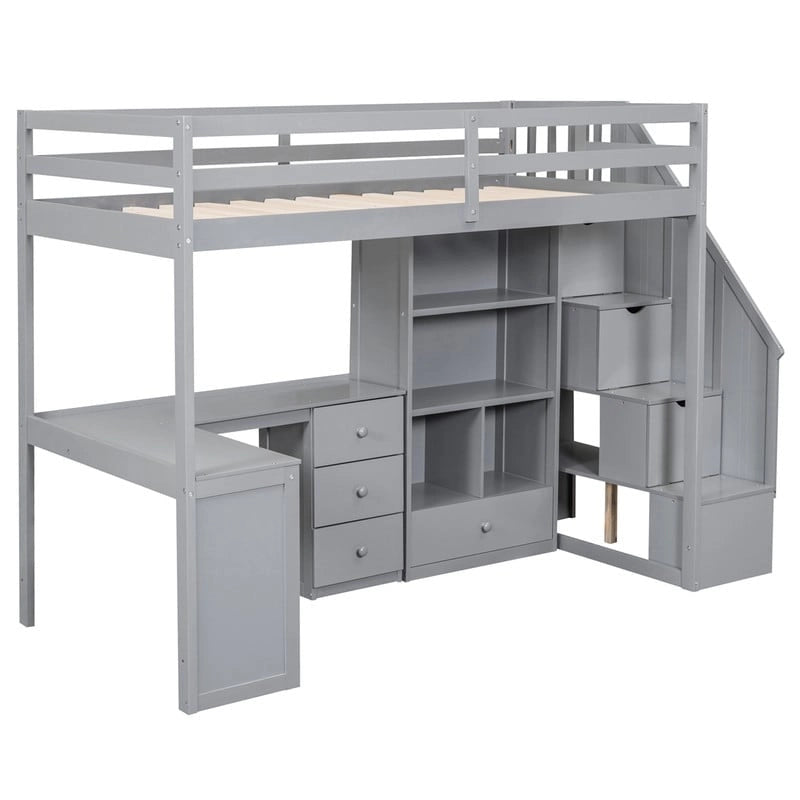 Cama alta multifuncional de madera, tamaño individual, con escritorio en forma de L y escalera de almacenamiento, estructura de cama alta con armario y cajones