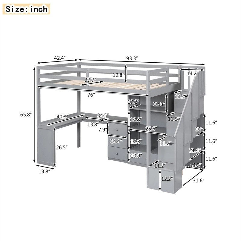 Cama alta multifuncional de madera, tamaño individual, con escritorio en forma de L y escalera de almacenamiento, estructura de cama alta con armario y cajones