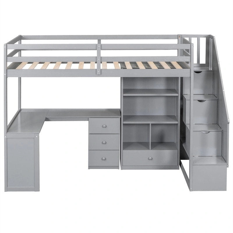 Cama alta multifuncional de madera, tamaño individual, con escritorio en forma de L y escalera de almacenamiento, estructura de cama alta con armario y cajones