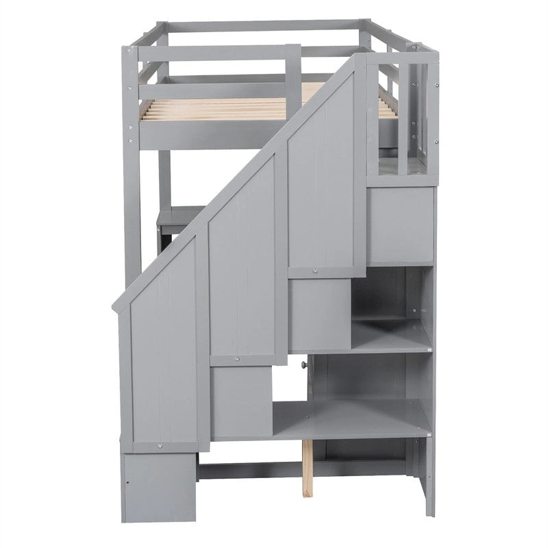 Cama alta multifuncional de madera, tamaño individual, con escritorio en forma de L y escalera de almacenamiento, estructura de cama alta con armario y cajones