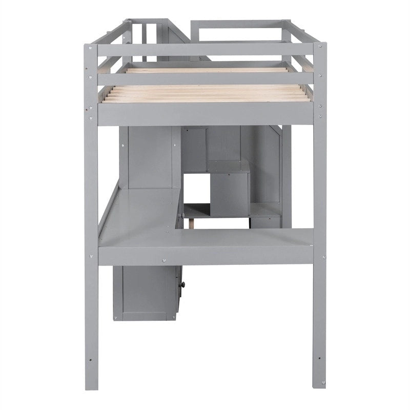 Cama alta multifuncional de madera, tamaño individual, con escritorio en forma de L y escalera de almacenamiento, estructura de cama alta con armario y cajones