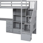 Cama alta multifuncional de madera, tamaño individual, con escritorio en forma de L y escalera de almacenamiento, estructura de cama alta con armario y cajones