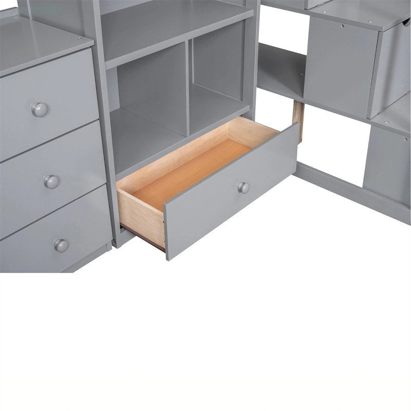 Cama alta multifuncional de madera, tamaño individual, con escritorio en forma de L y escalera de almacenamiento, estructura de cama alta con armario y cajones